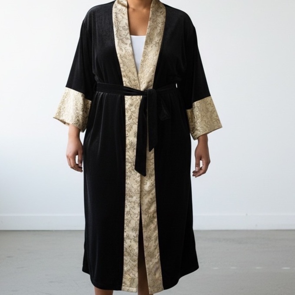 Delicates Velvet Kimono Robe‎ XL Black Gold Brocade Trim Luxury regencycore glam